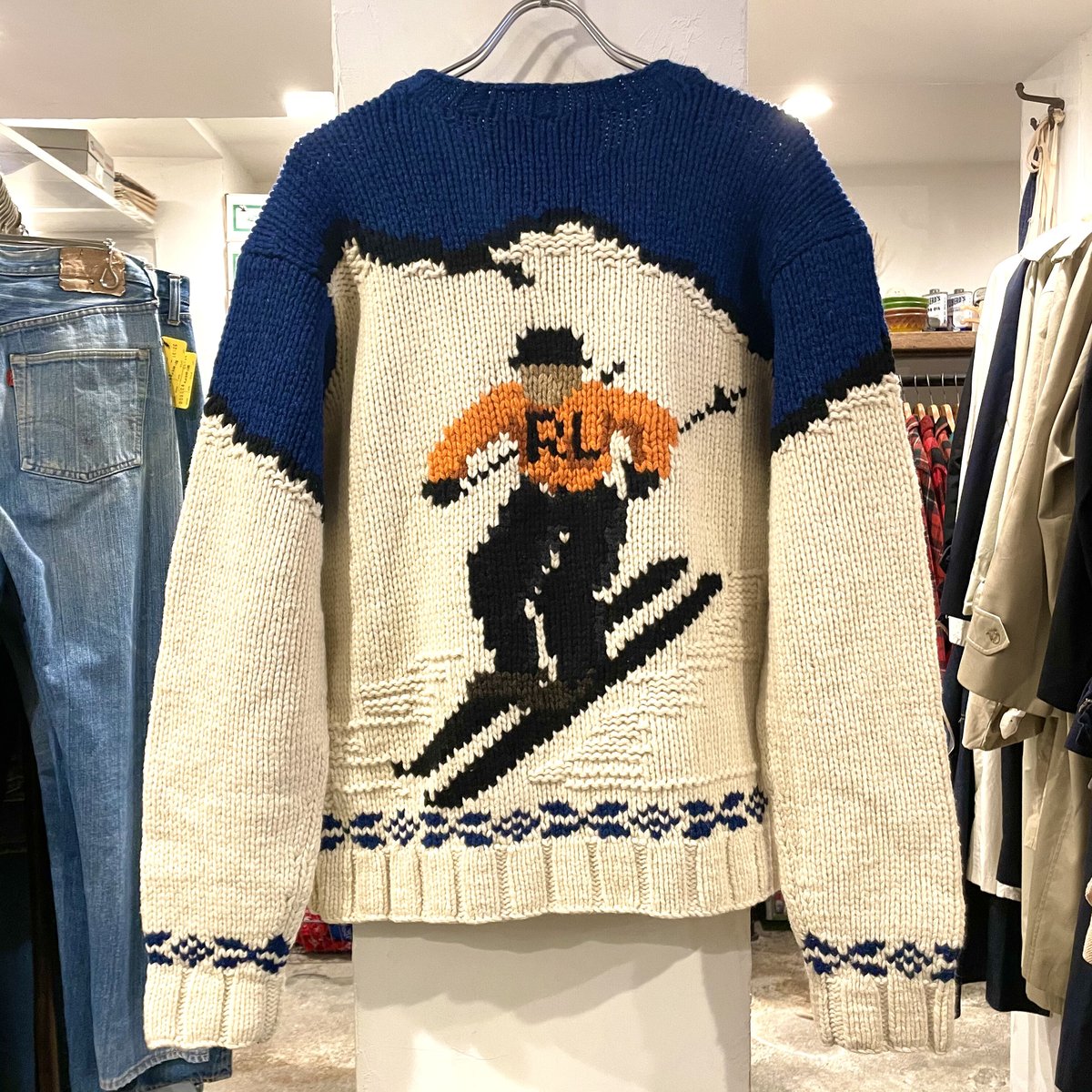 p*u様 POLO COUNTRY ルアーマン柄 ウールニット Lサイズ ペイン POLO COUNTRY ルアーマン柄 ウールニット Lサイズ ペイントセーター