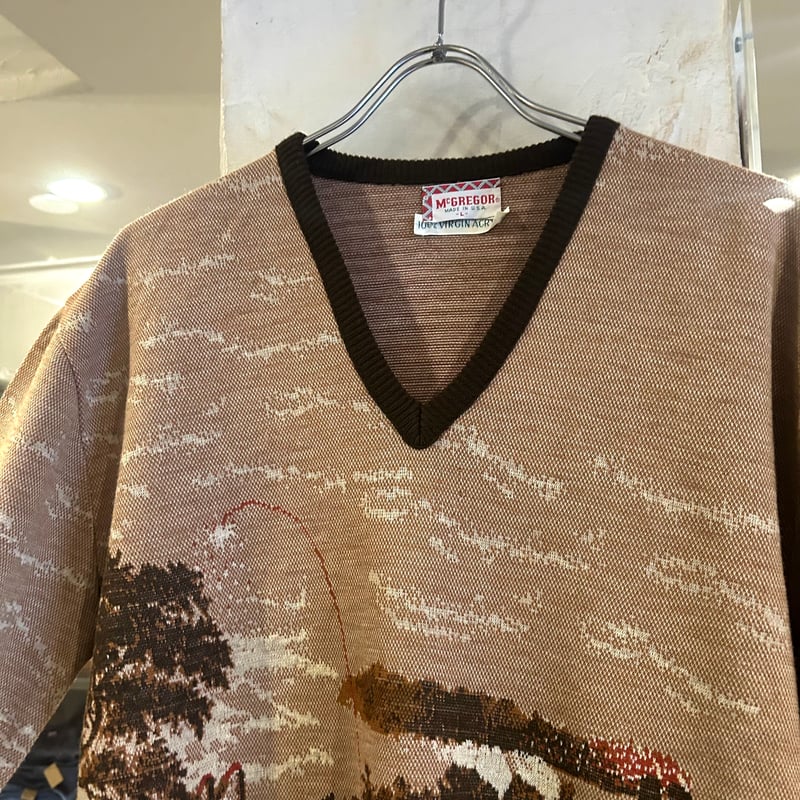 70s McGREGOR 総柄ニット マクレガー 背景画 ピクチャー柄 Size