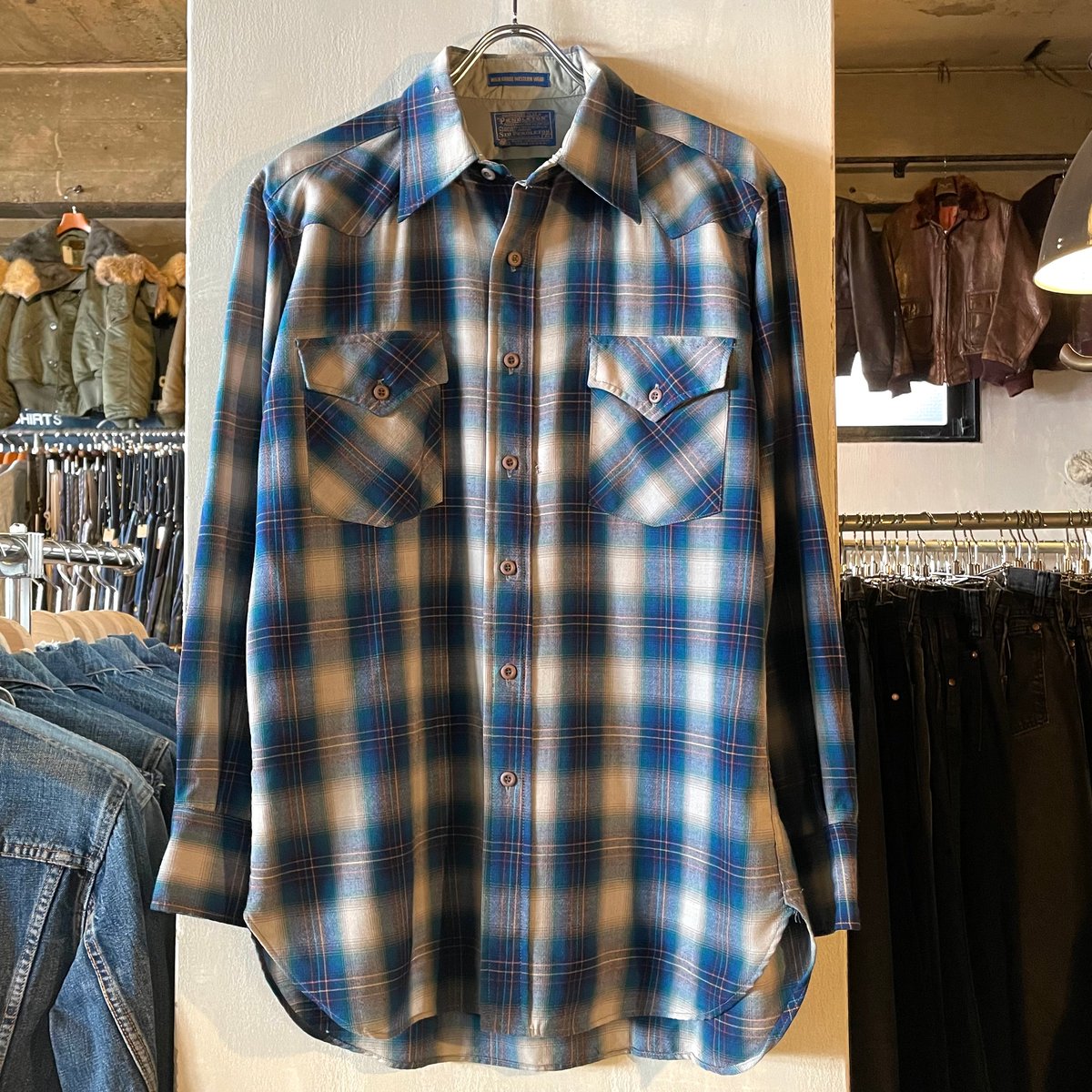 70s PENDLETON L/S ウールシャツ M USA製 オンブレチェック ペン
