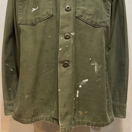 70s　US MILITARY　ユーティリティシャツ　シャツ袖　15½　シャツ袖　OG 107 COTTON SATEEN　ミリタリーシャツ　ペンキ飛び　1974年　(S5137)