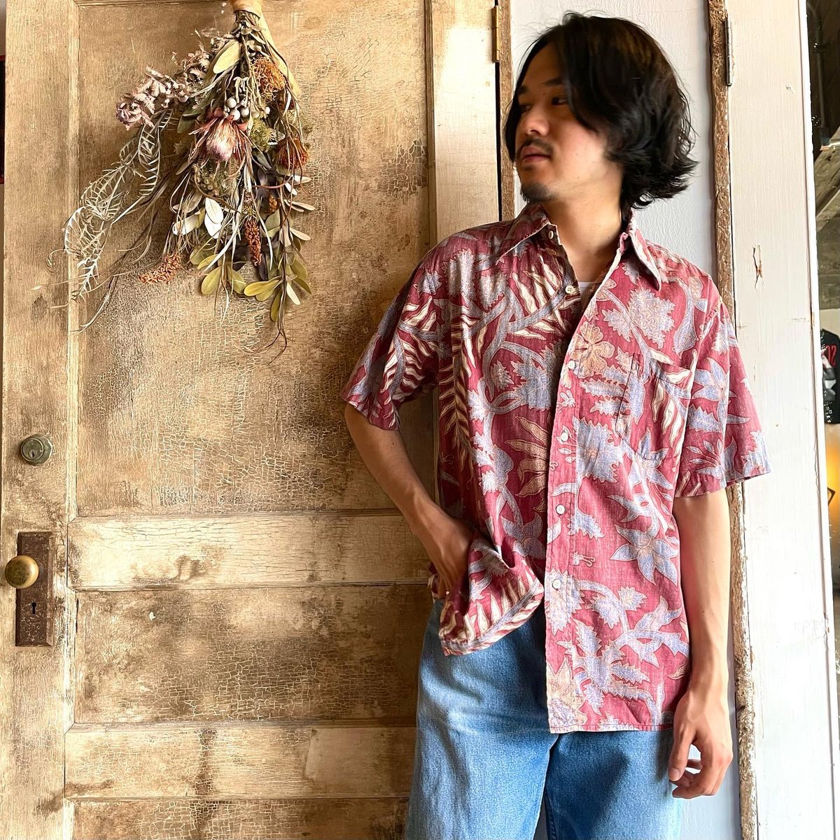 70's US レインスプーナー reyn spooner プルオーバー アロハシャツ ボタンダウン 半袖 乳首タグ 総柄 リバースプリント 小花柄 サイズ:メンズ M ライトブルー