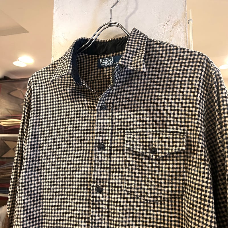 ラルフローレン　M フランネルシャツ　シルク混　　エルボーパッチ　モノクロ　本革 Polo by Ralph Lauren L/Sネルシャツ ラルフローレン エルボーパッチ S