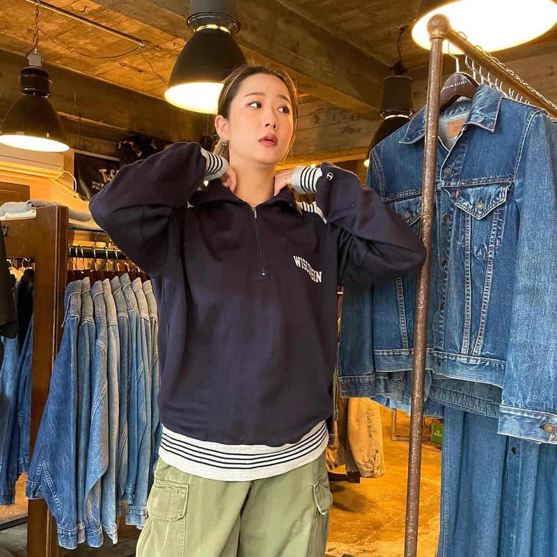 90s Champion ハーフジップ スウェット WISCONSIN ネイビー×グレー (S