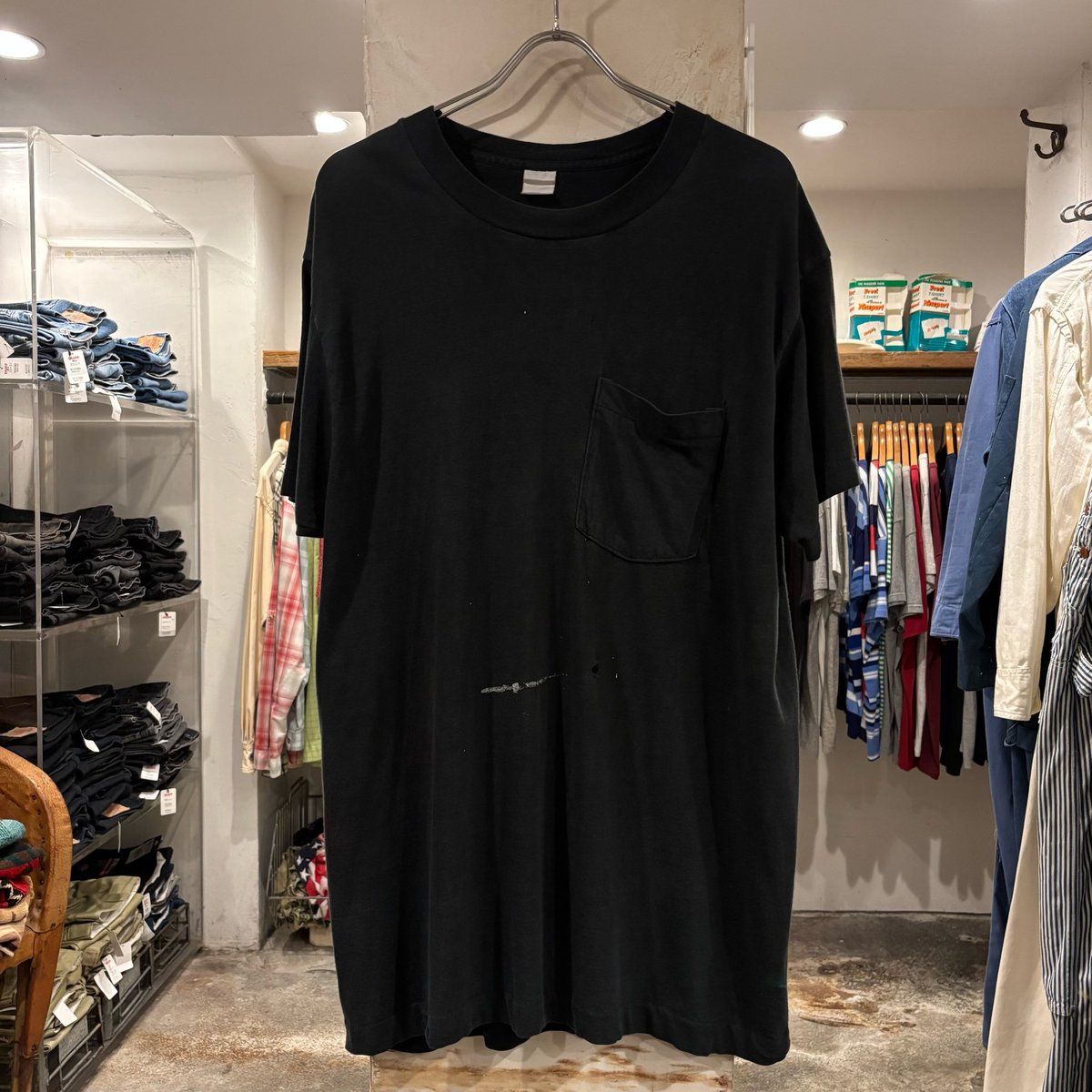 80s S/S ダメージ Tシャツ Size L相当 ブラック フェード ポケT 雰囲気 