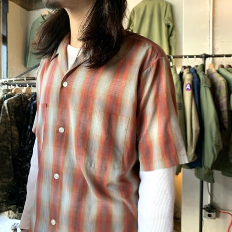 60s　ARROW　オープンカラーシャツ　ショートスリーブ　オンブレチェック柄　USA製　ヴィンテージシャツ　(S2016)