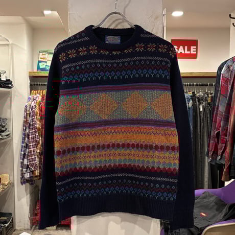 70sペンドルトン ネイティブ柄ニット XL made in USA 70s USA製 PENDLETON ネイティブ柄セーター 総柄ニット 黒 L