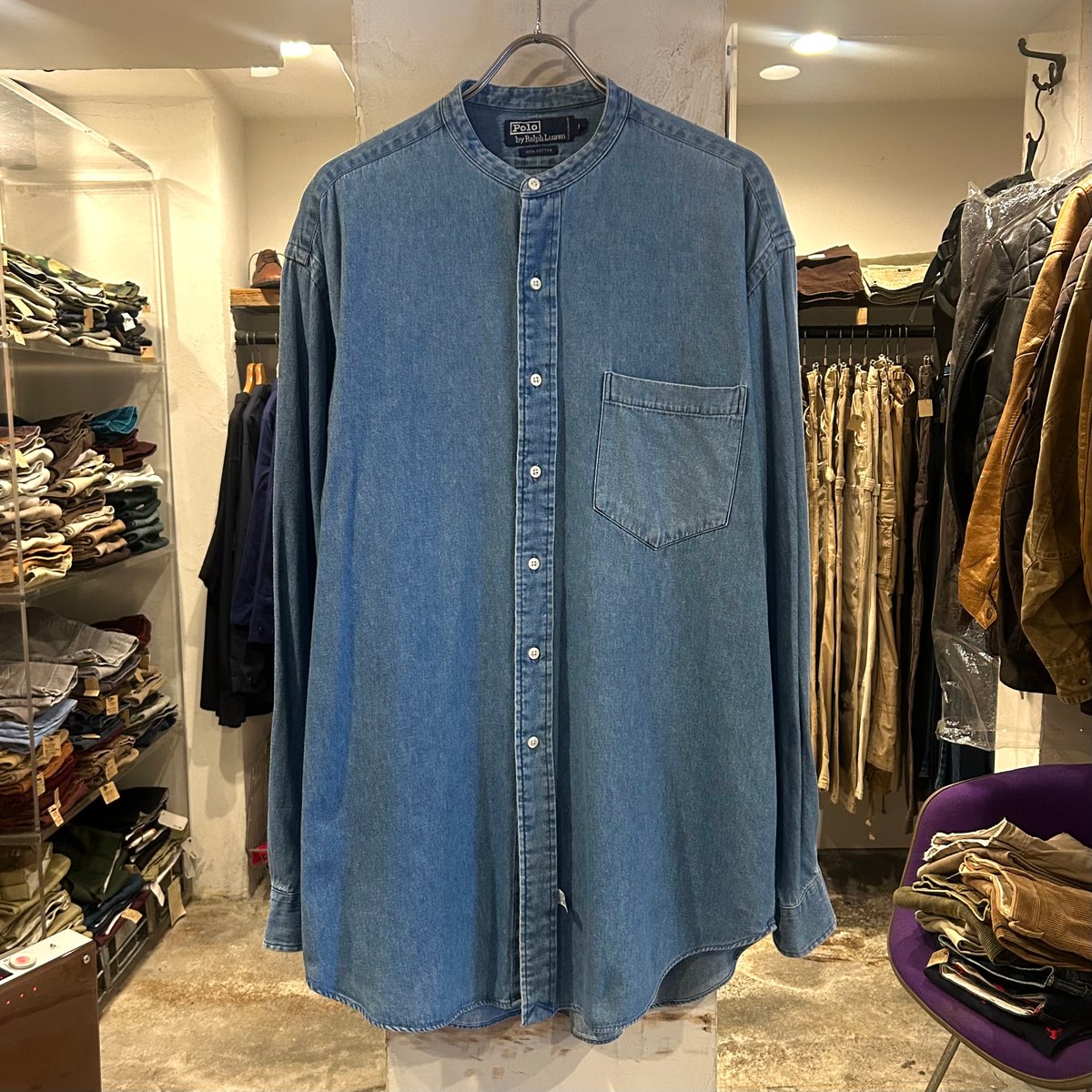 美品 ローレンラルフローレン ノーカラーデニム刺繍ブラウス バンドカラー XS 美品 ローレンラルフローレン ノーカラーデニム刺繍ブラウス バンド