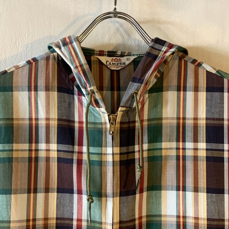 60s 70s マドラス チェック フルジップ パーカー ジャケット M 古着 VTG/USED) 60s Sportswear マドラスチェック フルジップパーカー