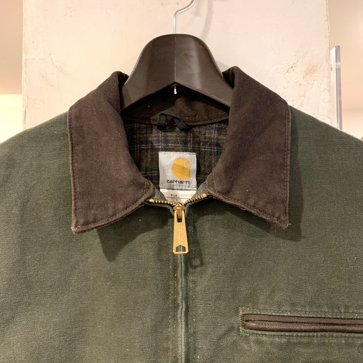Carhartt カーハート デトロイトジャケット ダック地 モスグリーン 古着 80s USA製 Carhartt 裏地 チェック ブランケット MOS モス