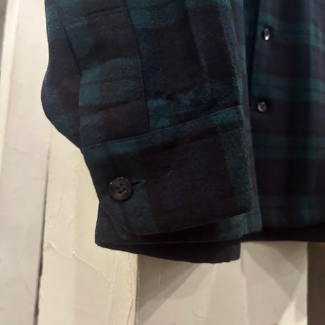 70s　PENDLETON　ウールチェックシャツ　ペンドルトン　ブラックウォッチ　オープンカラー　ボードシャツ　Size L　USA製　(S3940)