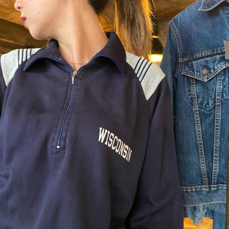 90s Champion ハーフジップ スウェット WISCONSIN ネイビー×グレー (S