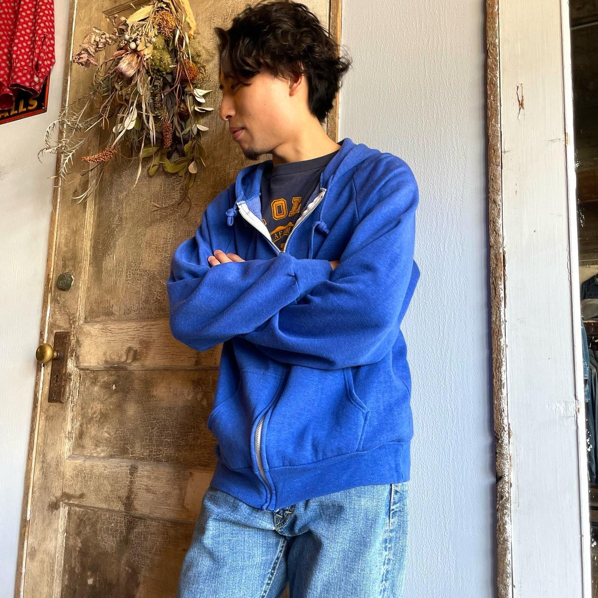 80s action フルジップパーカー ラグランスリーブ 青 レーヨン