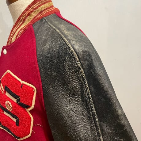 50s~　Play Safe Brand Montgomery Alabama　VINTAGE AWARD JACKET　スタジャン　USA製　アワードジャケット　レザー　(S5738)