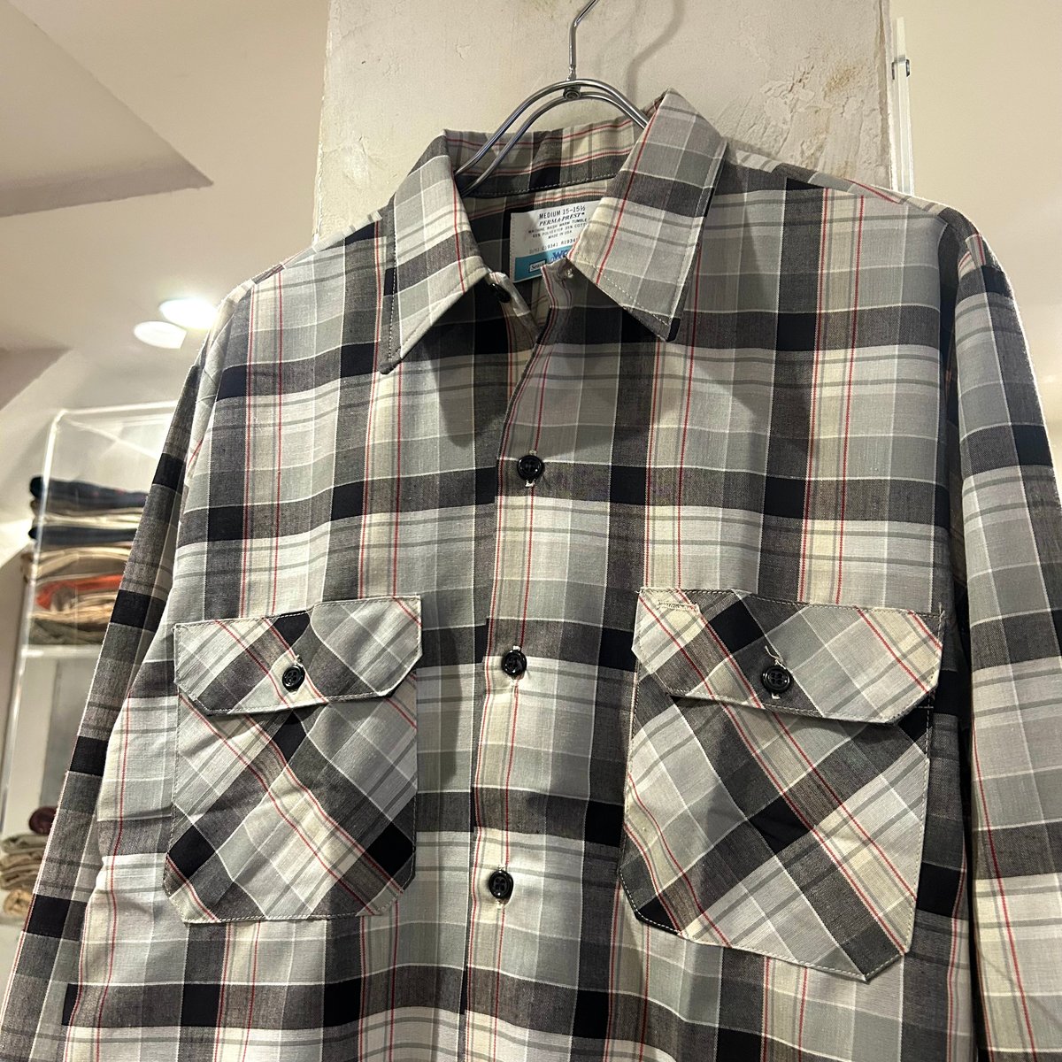 未使用 L 70s Sears USA 綿ポリ 長袖チェックシャツ コットンポリ 70s Sears L/Sチェックシャツ 長袖シャツ Size M USA製 DEADSTOC