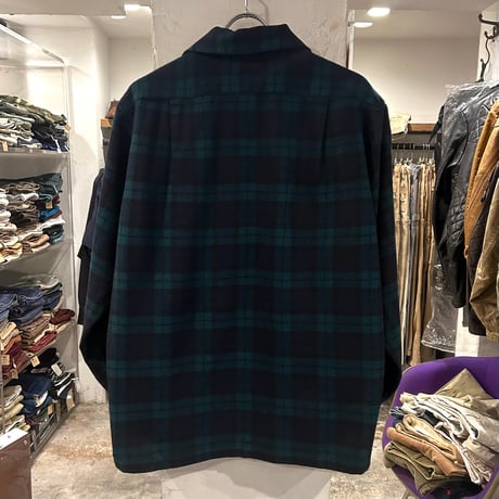 70s　PENDLETON　ウールチェックシャツ　ペンドルトン　ブラックウォッチ　オープンカラー　ボードシャツ　Size L　USA製　(S3940)