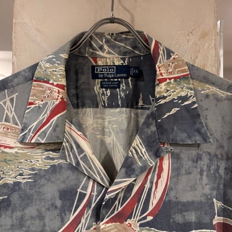 90s　Polo by Ralph Lauren　VITAGE CAMP　S/Sオープンカラーシャツ　ラルフローレン　Size XL　半袖ハワイアンシャツ　ヨット柄　(S4816)