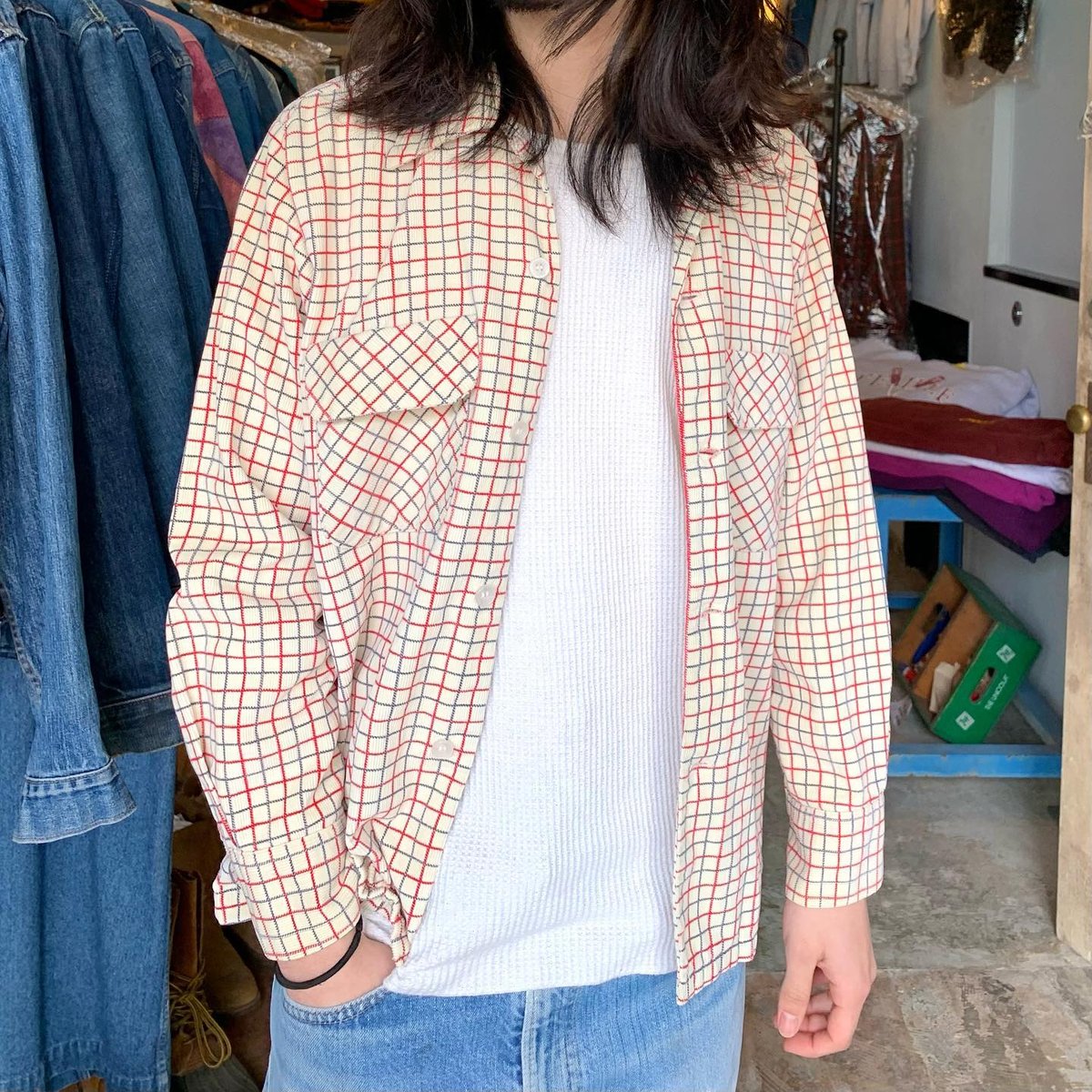 50s harper プリントコーデュロイシャツ チェック柄 ボックス