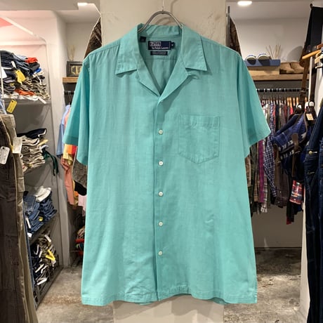90s　Polo by Ralph Lauren　S/Sオープンカラーシャツ　ラルフローレン　ティファニーブルー　M　(S3718)
