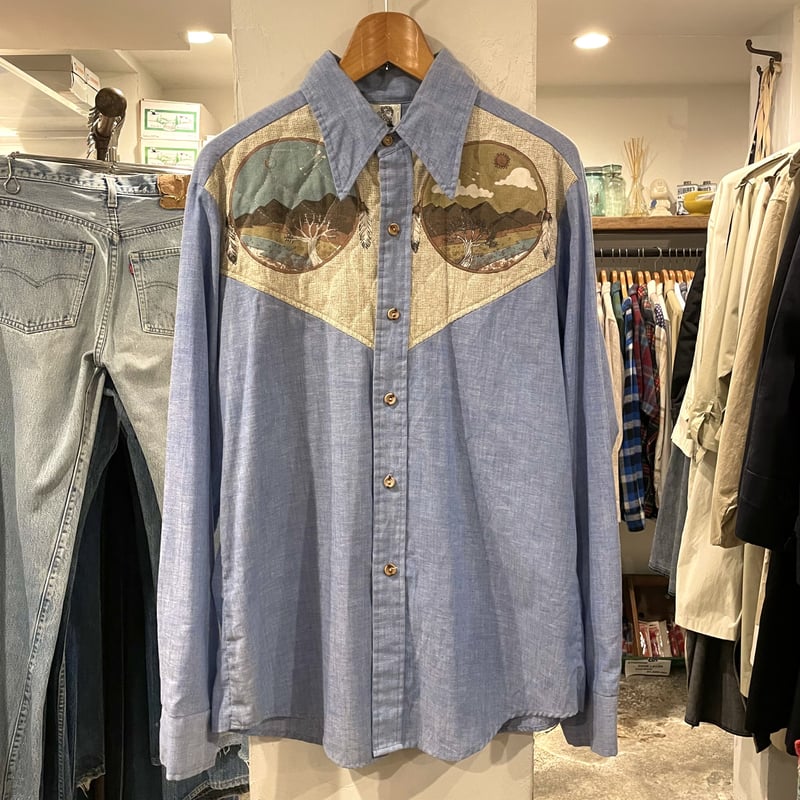 Kennington 70s ネイティブ柄 キルトパッチ シャンブレーシャツ