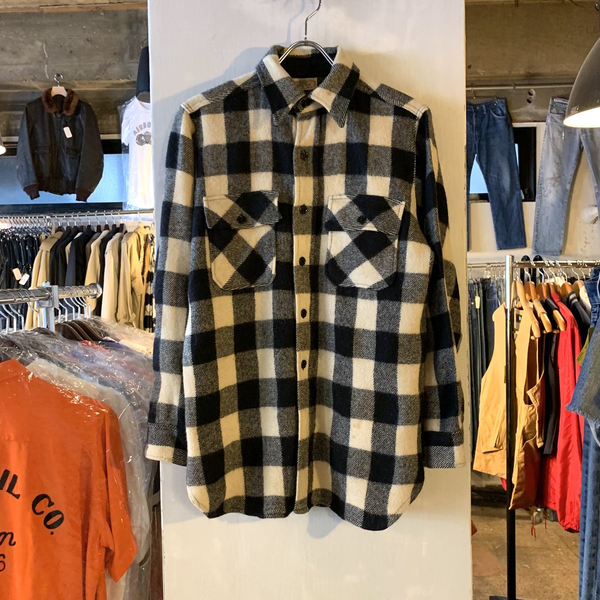 40s BRENT L/S Vintage Wool Shirt ウールシャツ 白黒 三つ星タ...