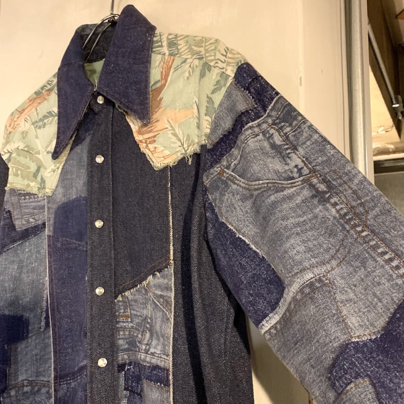 70s KENNINGTON デニム ウエスタンシャツ パッチワーク スナップボタン