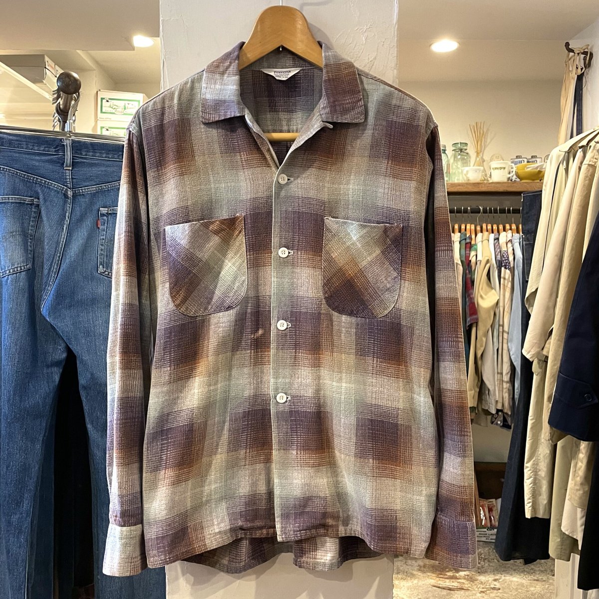 PENNEYS 50s USA製 プリントネル オープンカラー ボックスシャツ