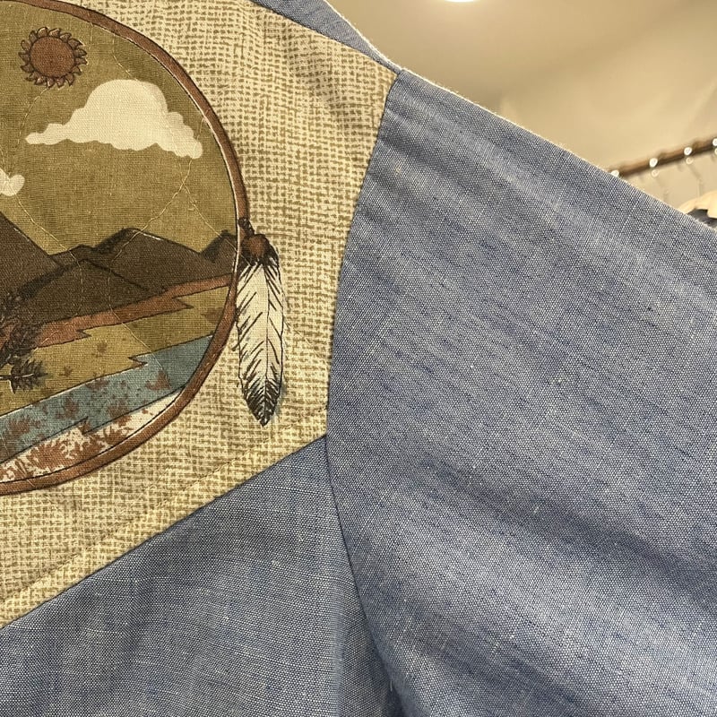 70'sビンテージ古着！アメリカ製 KENNINGTONキルトパッチシャンブレー Kennington 70s ネイティブ柄 キルトパッチ シャンブレーシャツ