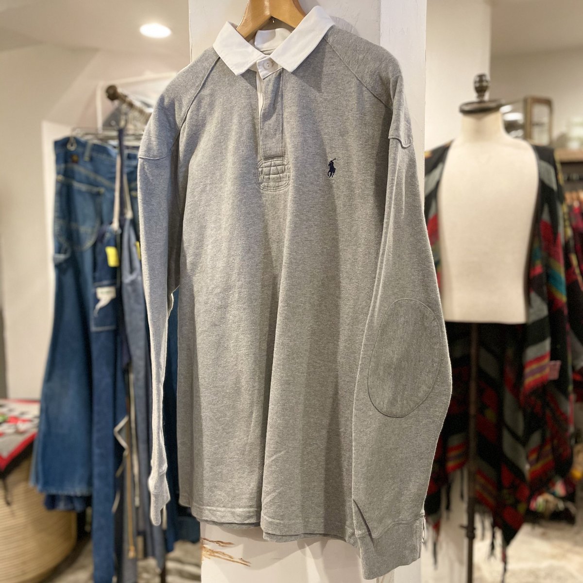 ポロ ラルフローレン ラガーシャツ スウェット エルボーパッチ グレー Lサイズ Ralph Lauren ラグビーシャツ エルボーパッチ グレー ラルフローレン