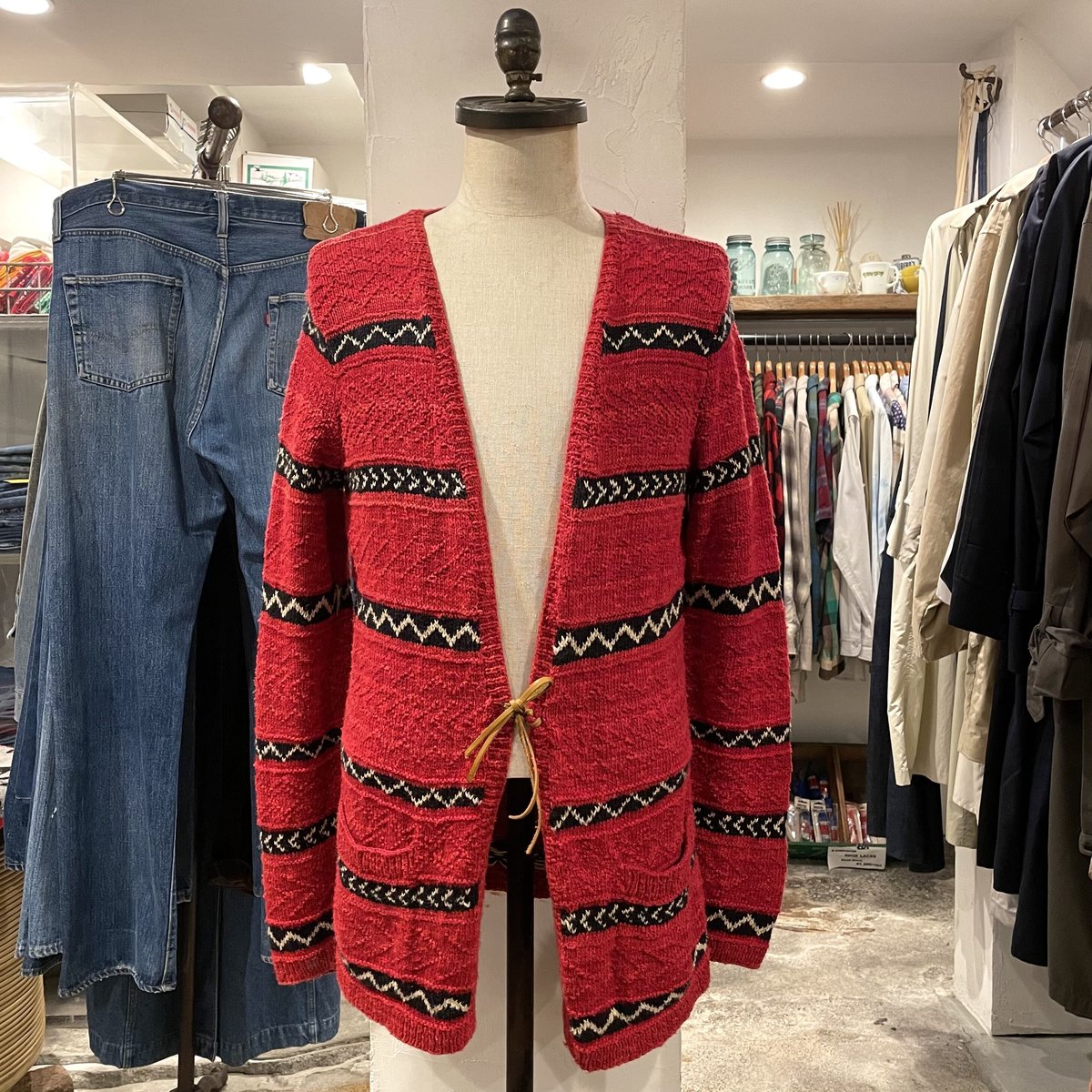 LAUREN RALPH LAUREN 90s ノーカラー ネイティブ柄 ニットガウン ラル