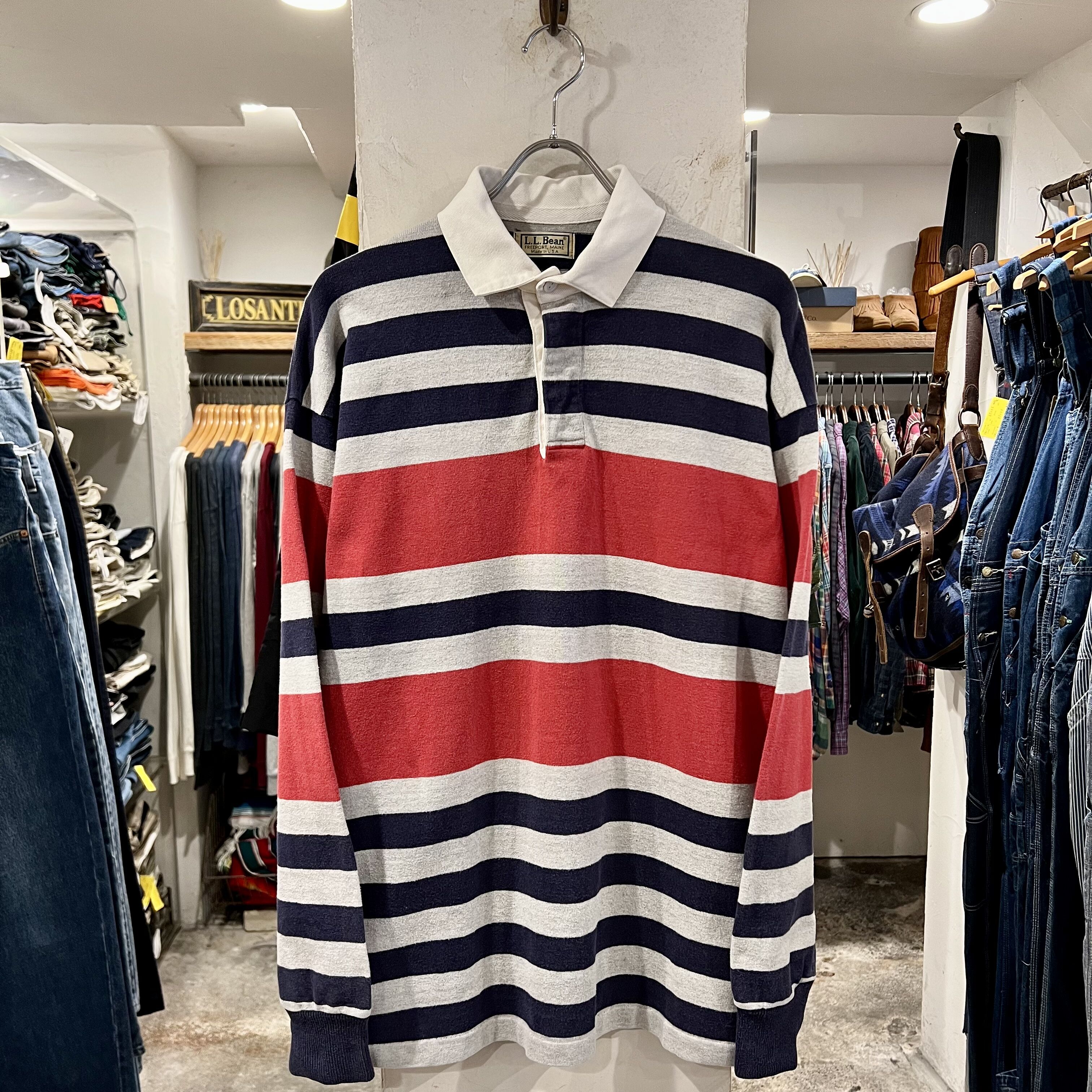 人気 エルエルビーン 長袖 ラガーシャツ XL ブラウン ボーダー 古着 90s LLBean ラガーシャツ エルエルビーン ボーダー柄 USA製 (S3507) |
