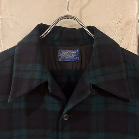 70s　PENDLETON　ウールチェックシャツ　ペンドルトン　ブラックウォッチ　オープンカラー　ボードシャツ　Size L　USA製　(S3940)