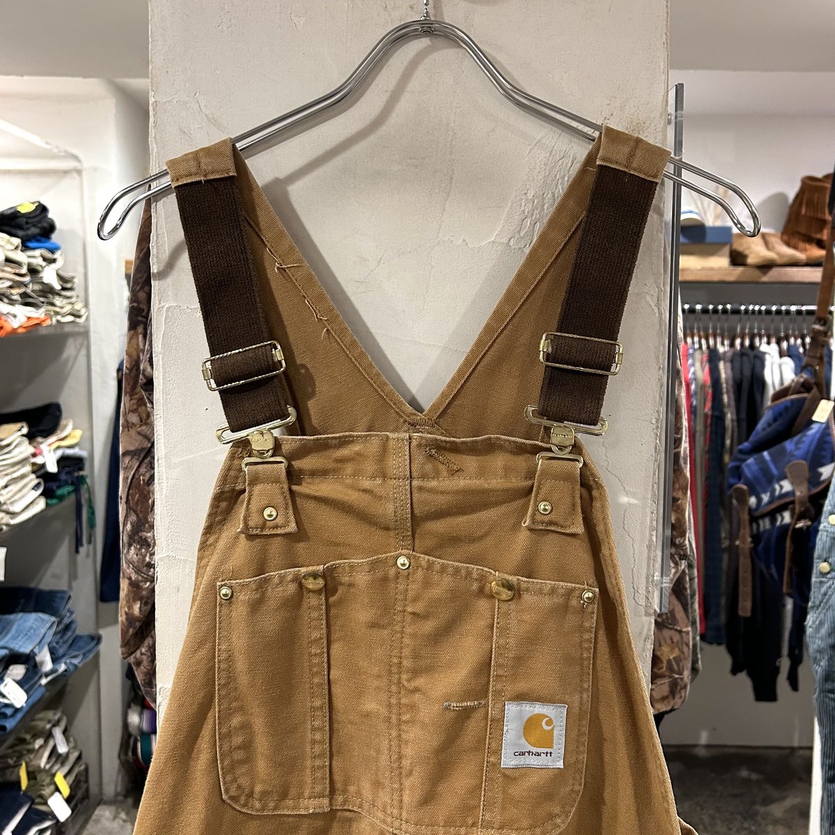 90s Carhartt ブラウンオーバーオール USA製 90s Carhartt ダック地 オーバーオール ダブルニー カーハート