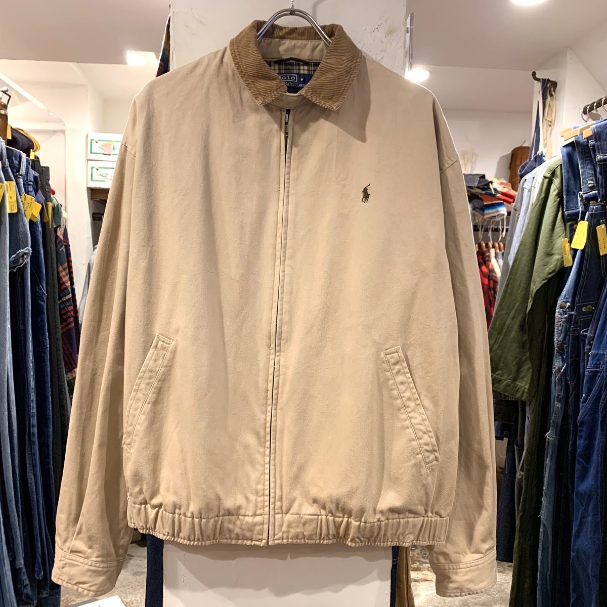 ラルフローレン　スイングトップ　短丈　襟コーデュロイ　ベージュ　裏地チェック Polo by Ralph Lauren ポロラルフローレン チェック柄ライナー