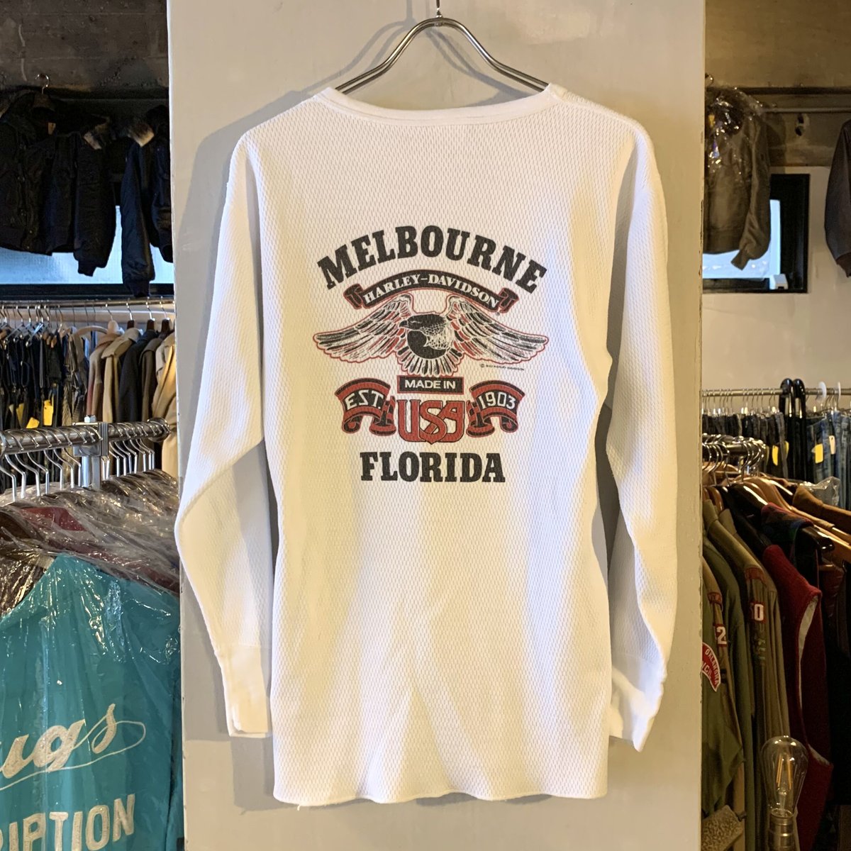 80s SUPER JOHNS ロングスリーブサーマルTシャツ Harley-Davidso 80s SUPER JOHNS ロングスリーブサーマルTシャツ Harley-Davidso