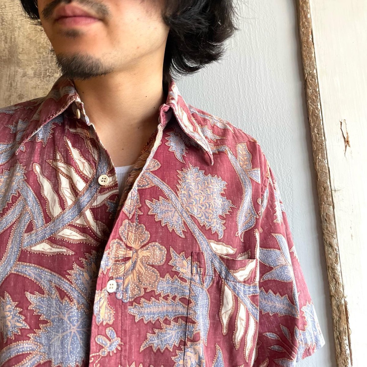 70's US レインスプーナー reyn spooner プルオーバー アロハシャツ ボタンダウン 半袖 乳首タグ 総柄 リバースプリント 小花柄 サイズ:メンズ M ライトブルー