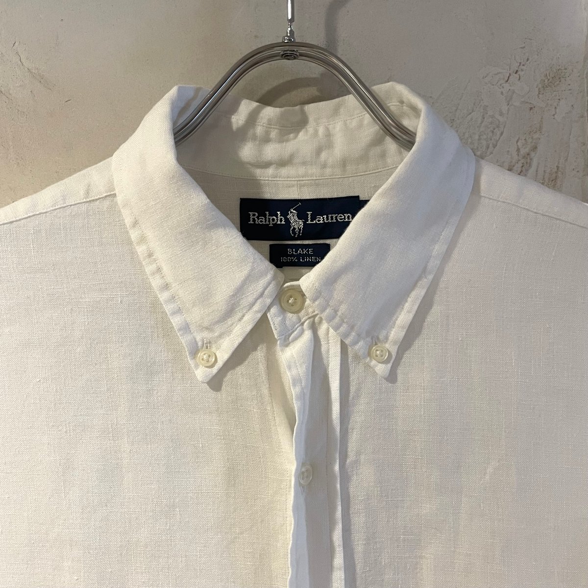 90s Ralph Lauren 白リネン 無地 ポニーなし ボタンダウンシャツ 人気カラー】【90s】ラルフローレン 刺繍ポニー ボタンダウン