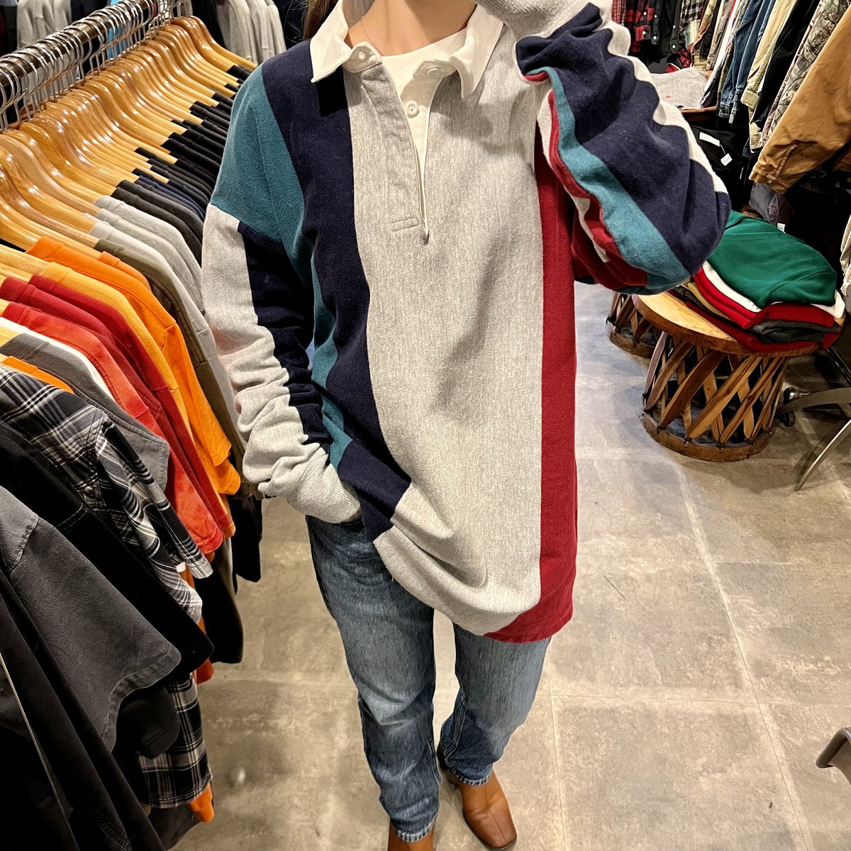 90s LLBean ラガーシャツ エルエルビーン ストライプ柄 USA製 (S3508) |