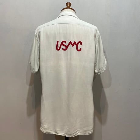50s　NAT NAST　S/S VINTAGE BOWLING SHIRT　レーヨン　USA製　ミリタリー　ボウリングシャツ　スーベニア　USMC　(S5731)
