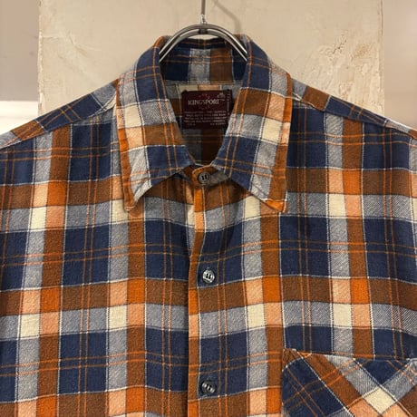 80s　KING SPORT　L/S プリントネルシャツ　Size M　コットンシャツ　チェックシャツ　(S5445)