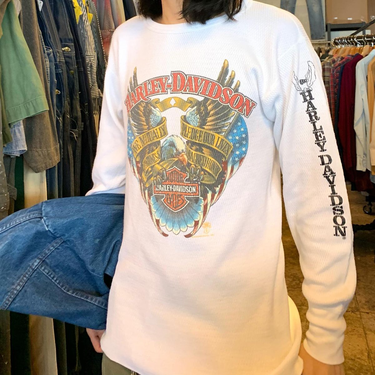 80s SUPER JOHNS ロングスリーブサーマルTシャツ Harley-Davidso 80s SUPER JOHNS ロングスリーブサーマルTシャツ Harley-Davidso