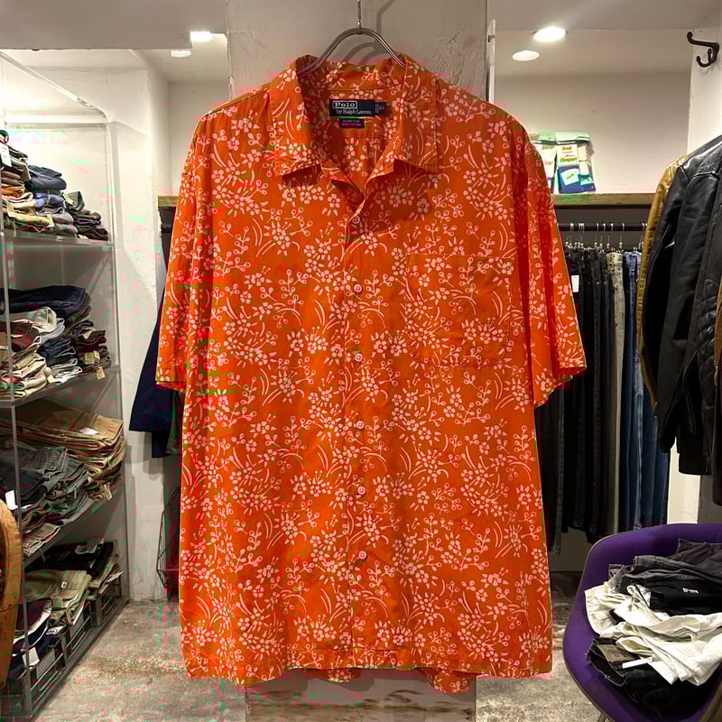 ラルフローレン オレンジカラーで爽やかな大判花柄ドレス 送料込 90s Polo by Ralph Lauren CLAYTON S/Sオープンカラーシャツ