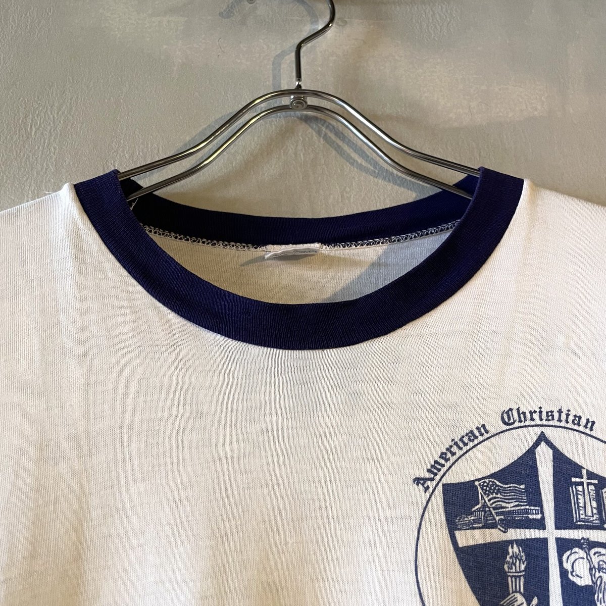 70s USA製 バータグ チャンピオン 7分袖 Tシャツ 染み込みプリント USA製 70s VINTAGE Champion バータグ 3段染み込み カレッジ