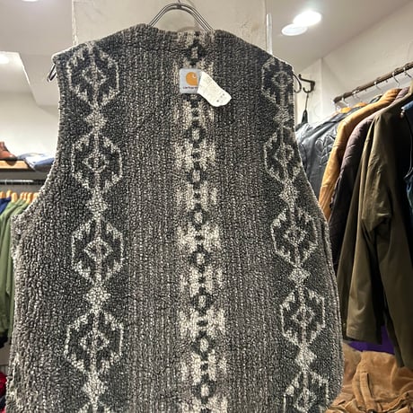 carhartt　ダックベスト　カーハート　ブラウン　フェード　雰囲気系　ボアライナー　ネイティブ柄　Size M　USA製　(S3791)