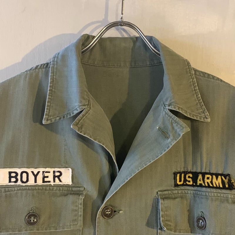 50s US ARMY HBTシャツジャケット ヘリンボーンツイル 筒袖 ワッペン
