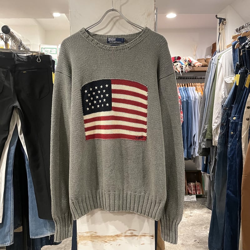 POLO by Ralph Lauren L/S コットンセーター 星条旗 グレー ラルフロー