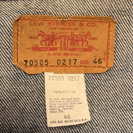70s　Levi’s 70505　デニムジャケット　USA製　ケアタグ　Size 46　2ポケ　リーバイス　(S4917)