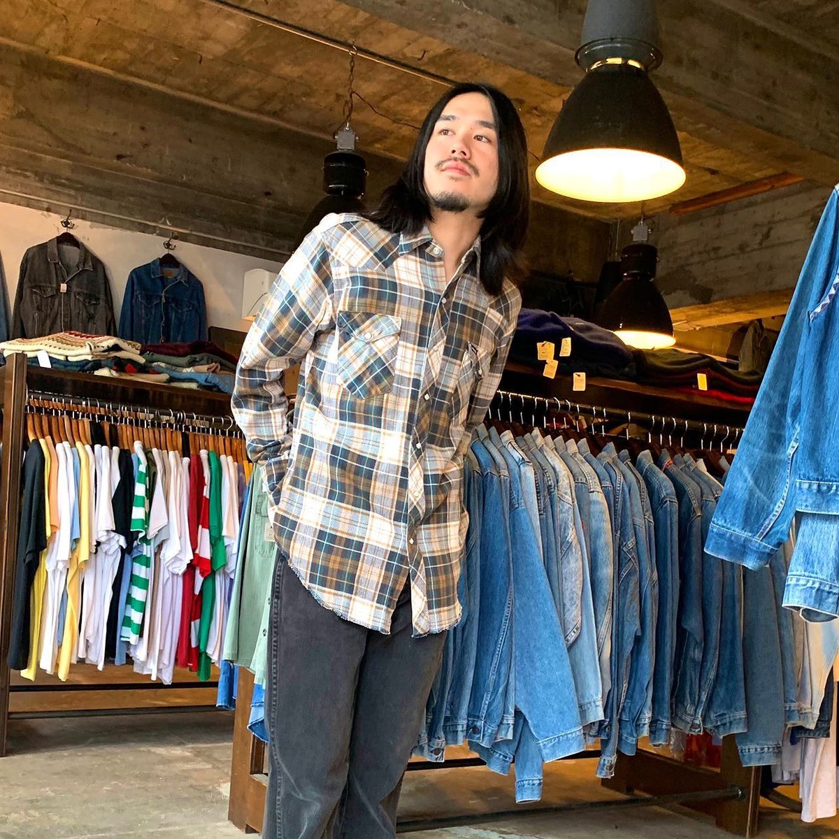 【イシちゃん】Wrangler チェックネルシャツ 2枚セット Wrangler(ラングラー) 80'S 紺タグチェックシャツ ベージュ