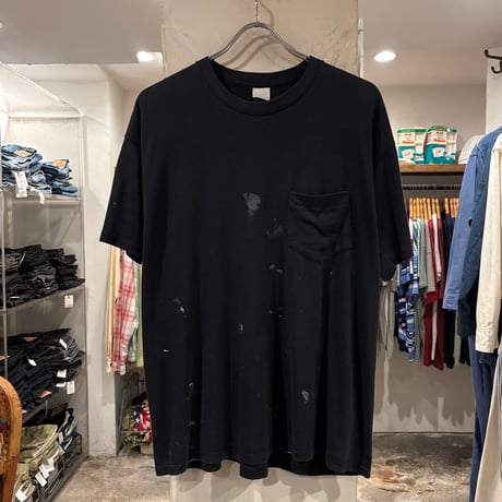90s　S/S ダメージ Tシャツ　Size L相当　ブラック　フェード　ペンキ飛び　ポケT　雰囲気系　(S4745)
