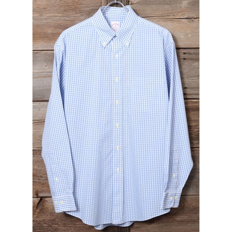 Brooks Brothers 346　ギンガムチェック　コットンシャツ　白ｘ水色　ボタンダウンシャツ　ブルックスブラザーズ　(Y0041)