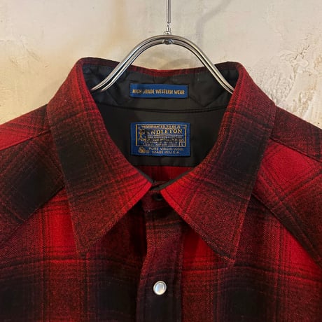 70s　PENDLETON　ウールチェックシャツ　ペンドルトン　オンブレチェック　赤×黒　ウエスタンシャツ　Size L　USA製　(S3928)